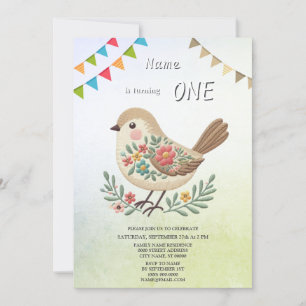 Little Bird Floral Gold Birthday Party Invitation