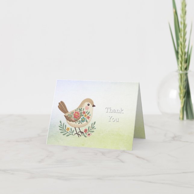 Little Bird Floral Gold Thank You Card (Front)