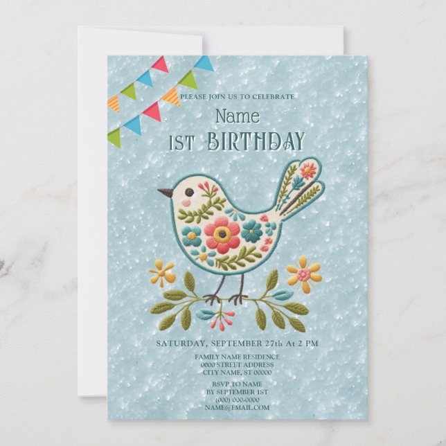 Little Bird Floral Green Birthday Party Invitation (Front)