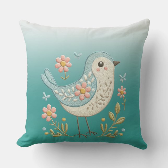 Little Bird Floral Green Throw Pillow (Front)