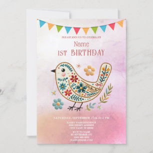 Little Bird Floral Pink Birthday Party Invitation