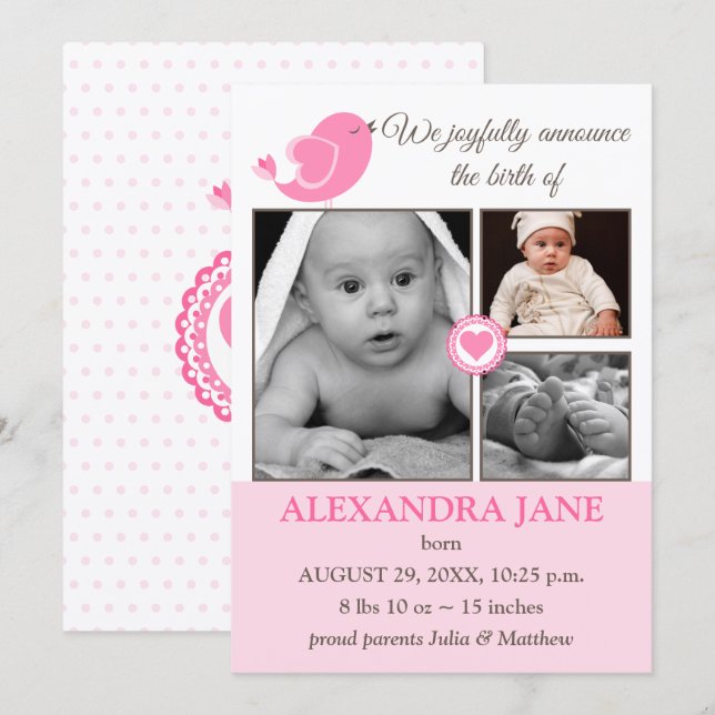 Little Bird Hearts Baby Photo Birth Announcement (Front/Back)