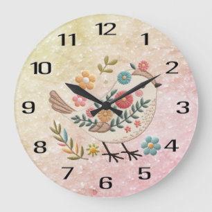 Little Bird Leaves Flowers Pink Wall Clock