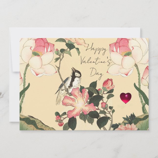 LITTLE BIRD,PINK ROSES,LOTUS FLOWER Valentine Day Holiday Card (Front)