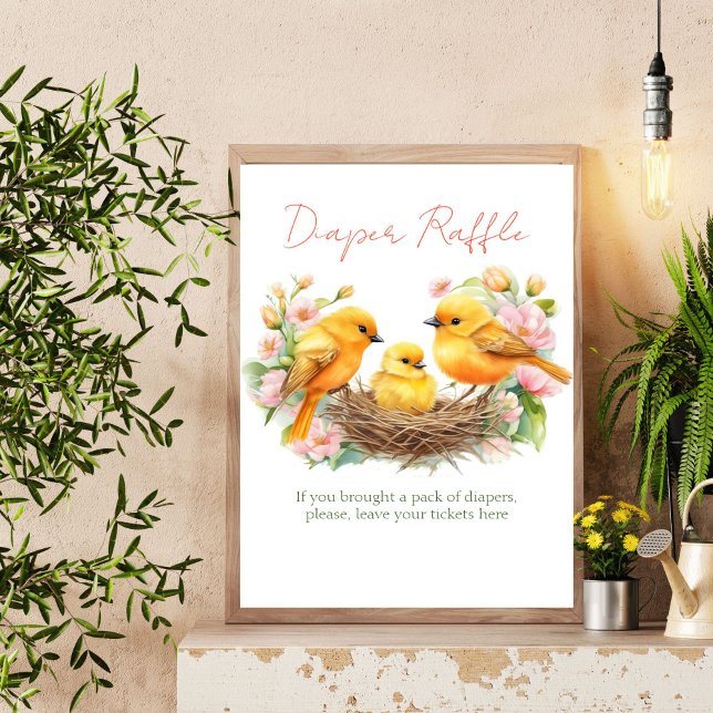 Little bird spring baby shower diaper raffle sign (Little bird spring baby shower diaper raffle sign hatching soon  ready to hatch cute canary birds)