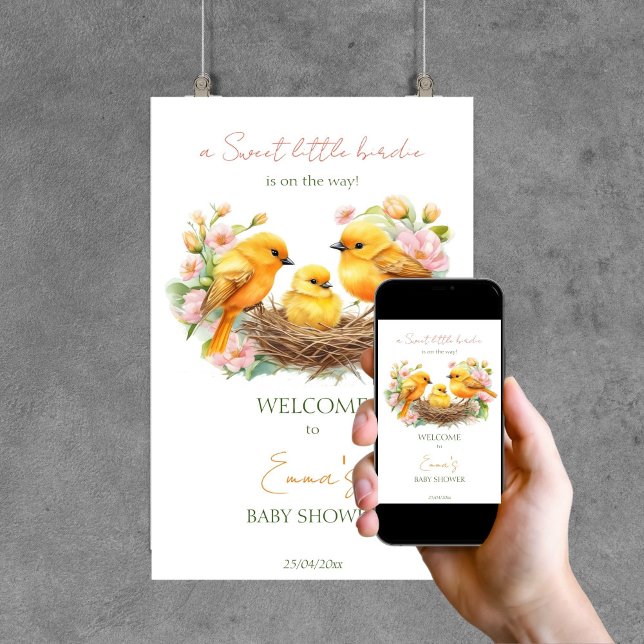 Little bird spring baby shower welcome sign (Little bird spring hatching soon baby shower welcome sign template digital download yellow canaries)