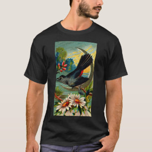 Little Bird & Tree Branch w Flowers 2 Fine Illustr T-Shirt