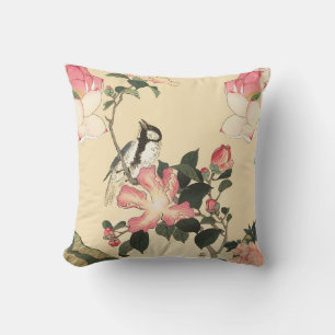 LITTLE BIRD WITH PINK ROSES AND LOTUS FLOWERS CUSHION