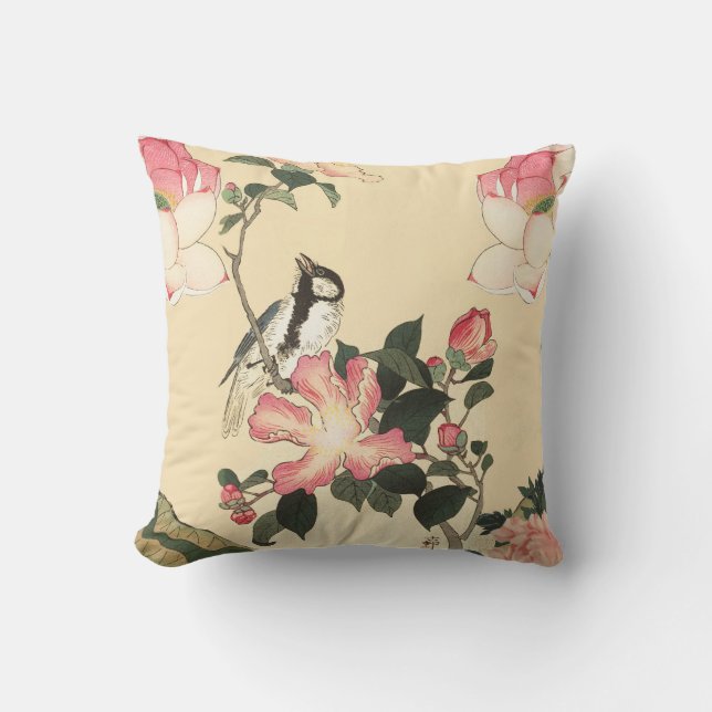 LITTLE BIRD WITH PINK ROSES AND LOTUS FLOWERS CUSHION (Front)