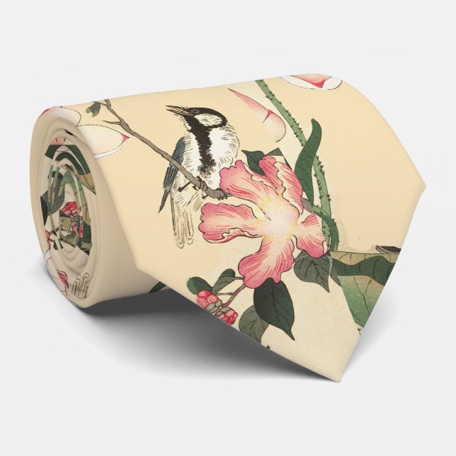 LITTLE BIRD WITH PINK ROSES AND LOTUS FLOWERS  TIE (Rolled)