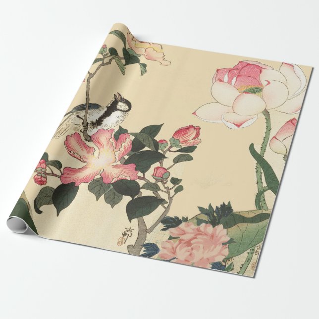 LITTLE BIRD WITH PINK ROSES AND LOTUS FLOWERS WRAPPING PAPER (Unrolled)