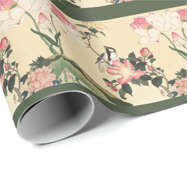 LITTLE BIRD WITH PINK ROSES AND LOTUS FLOWERS WRAPPING PAPER (Roll Corner)