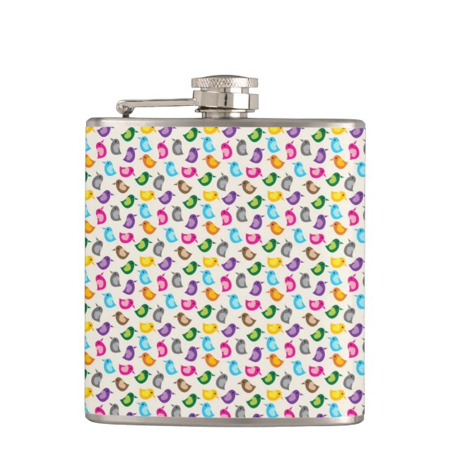 Little Birdie Pink and Blue Whimsical Girly Hip Flask (Front)