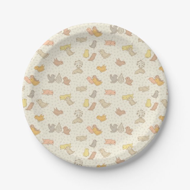 Little Birdies and feathers on beige - pattern.    Paper Plate (Front)