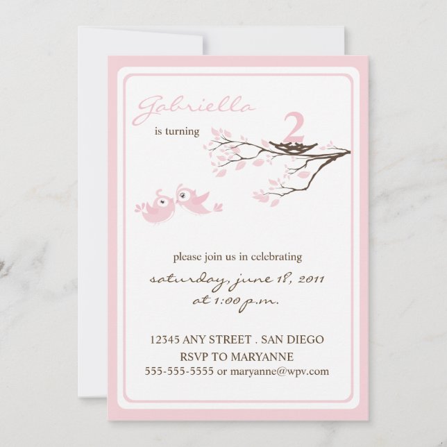 Little Birdies Pink Birthday Invitation (Front)