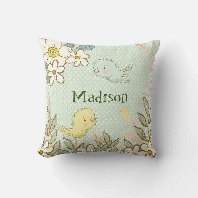 Little Birds Flying Floral Polka Dots Baby Nursery Cushion (Front)