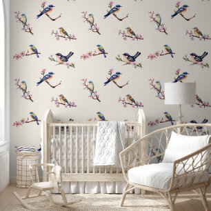 Little birds on blossom tree branch off white wallpaper