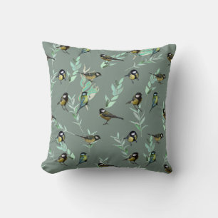 Little Birds on Branches Green Background Cushion