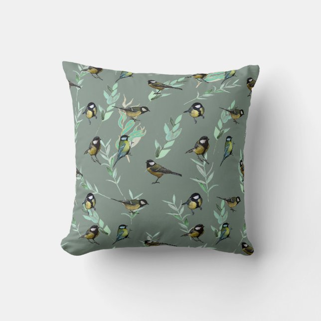 Little Birds on Branches Green Background Cushion (Front)