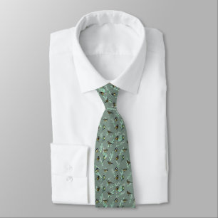 Little Birds on Branches Green Background Tie