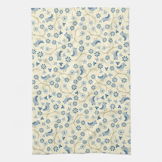 Little birds on twigs. retro, blue birds, cream, tea towel
