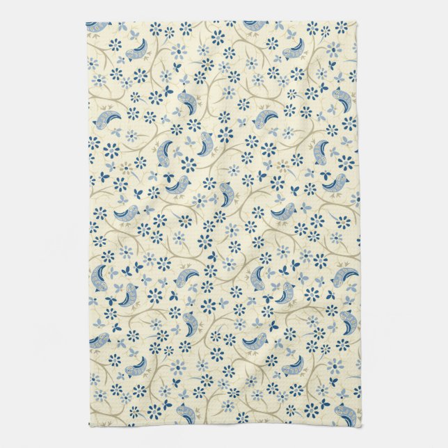 Little birds on twigs. retro, blue birds, cream, tea towel (Vertical)