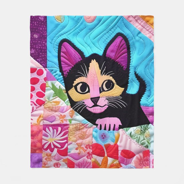 Little Black And White Kitten Quilt Like Design Fleece Blanket (Front)