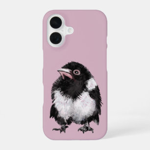 Little black and white magpie pink background iPhone 16 case