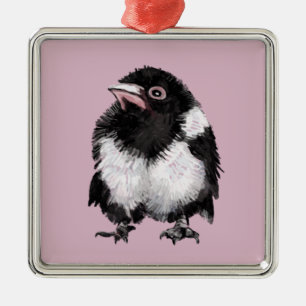 Little black and white magpie pink background metal ornament