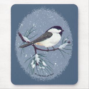 Little Black Capped Chickadee Oval Mouse Pad