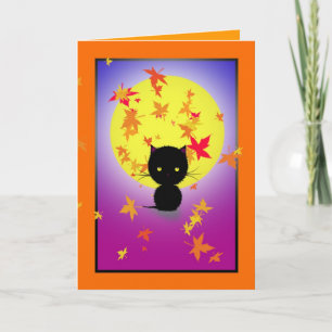 Little Black Cat and Autumn Leaves Halloween Card