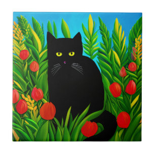 Little Black Cat in a Tulip Garden Ceramic Tile