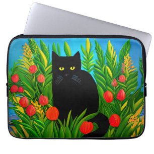 Little Black Cat in a Tulip Garden Laptop Sleeve
