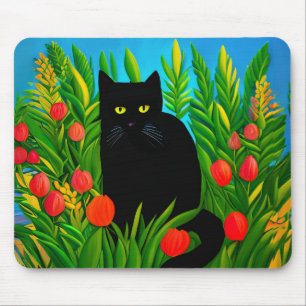 Little Black Cat in a Tulip Garden Mouse Pad