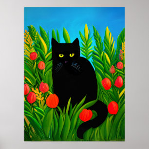 Little Black Cat in a Tulip Garden Poster