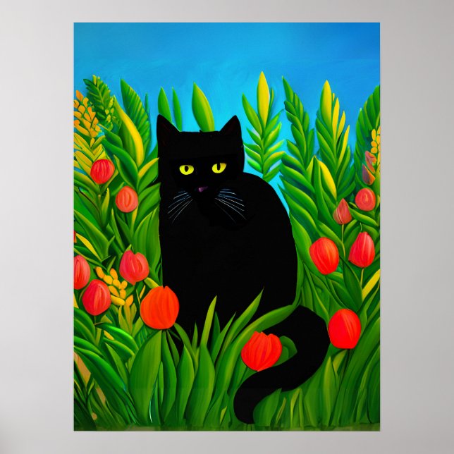 Little Black Cat in a Tulip Garden  Poster (Front)