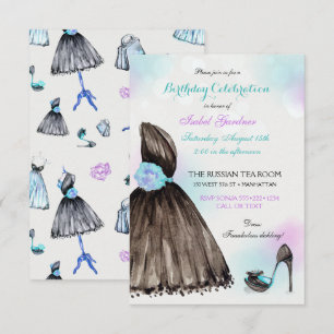 Little Black Dress Stilettos Turquoise Watercolors Invitation