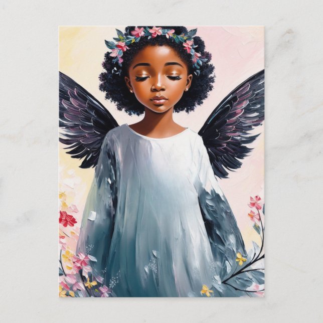 Little Black Girl Angel Floral Art Postcard (Front)