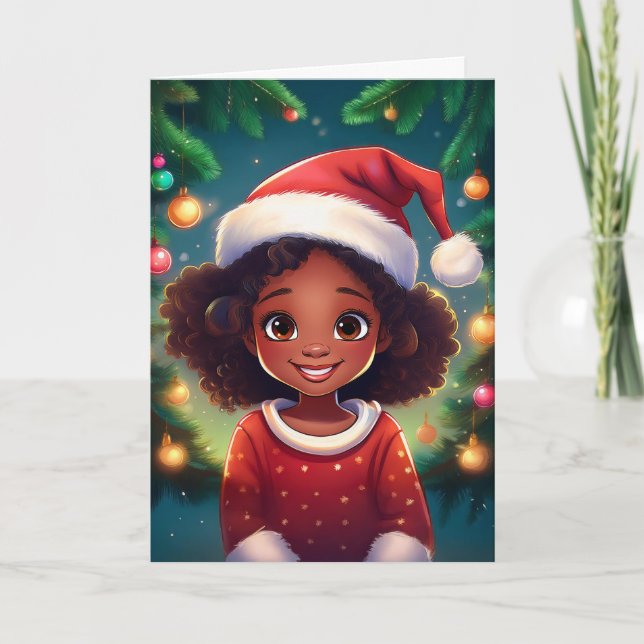 Little Black Girl Christmas Santa Hat Card (Front)