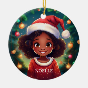 Little Black Girl Christmas Santa Hat Ceramic Ornament