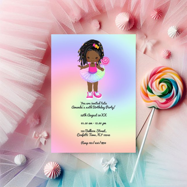 Little Black Girl Colourful Tutu Birthday Party Invitation (Little Black Girl Colorful Tutu Birthday Party Invitation)