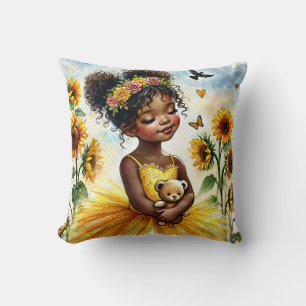 Little Black Girl With Sunflowers and Teddy Bear Cushion