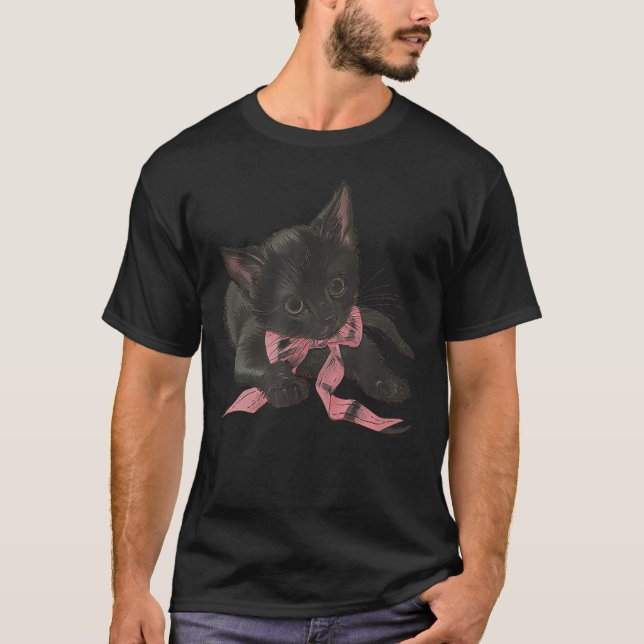 Little Black Kitten Pink Bow  Coquette Baby Y2K Ae T-Shirt (Front)