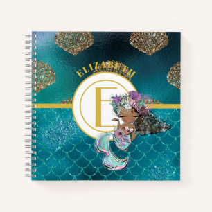 Little Black Mermaid Blue Scales Monogram Girls Notebook