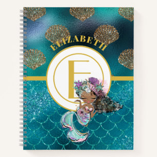 Little Black Mermaid Blue Scales Monogram Girls Notebook