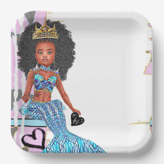 Little Black Mermaid Girl Party Plates