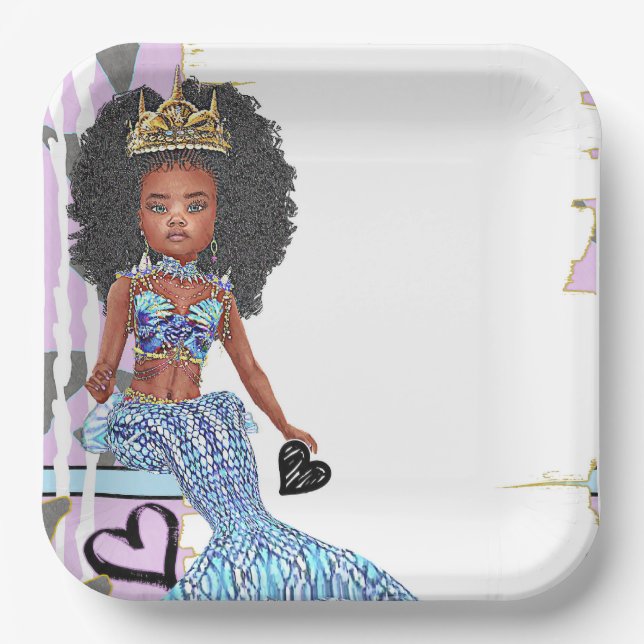 Little Black Mermaid Girl Party Plates (Front)