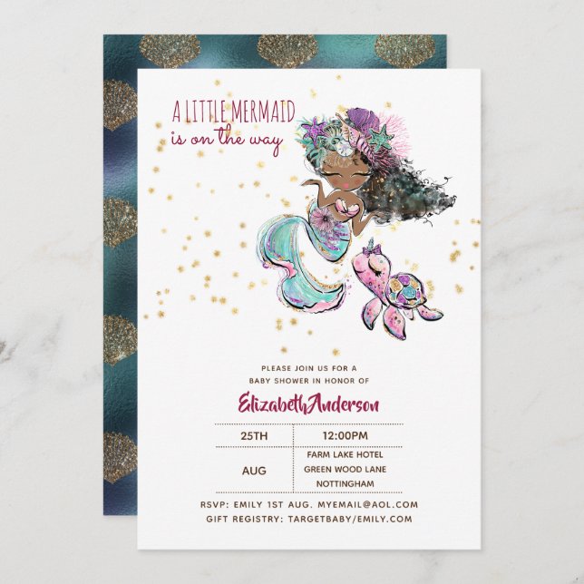Little Black Mermaid Girls Baby Shower Under Sea Invitation (Front/Back)