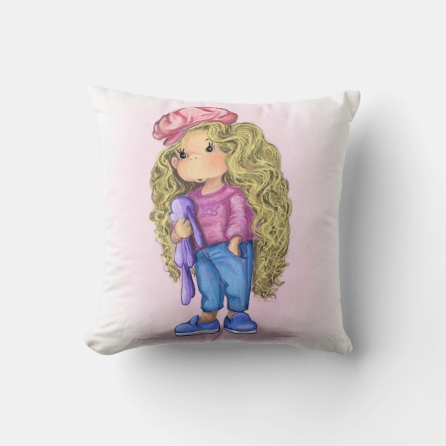 Little Blonde Girl Bunny Toy Throw Pillow (Front)
