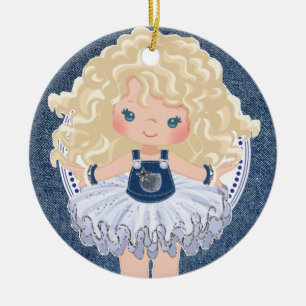 Little Blonde Girl Denim & Diamonds Christmas Ceramic Ornament